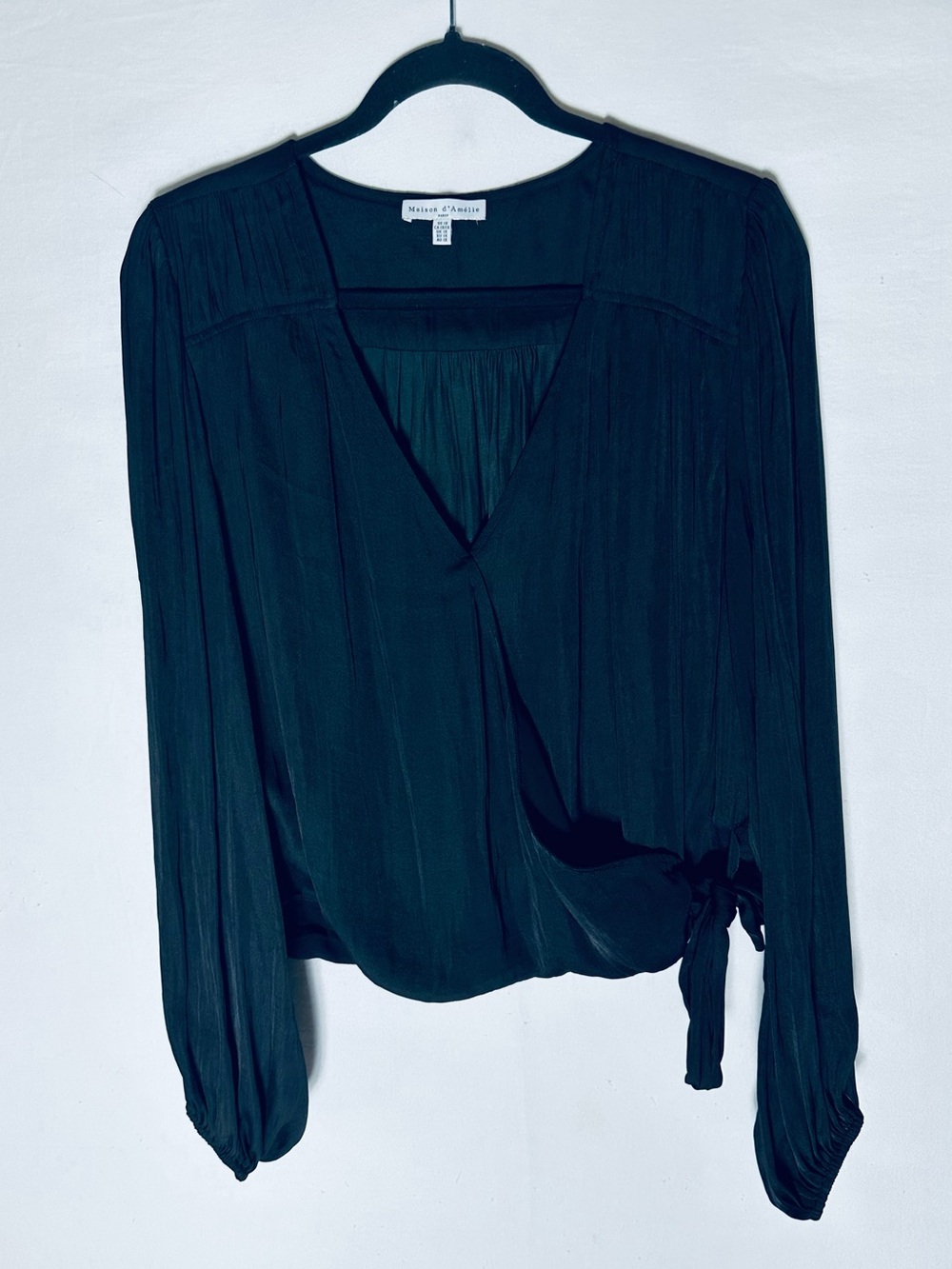Maison d'Amélie Black Long Sleeve Faux Wrap Blouse Smocked Back Hem Size 1X